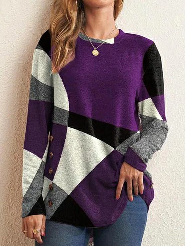 Women's T-Shirts Contrast Print Long Sleeve Round Neck T-Shirt