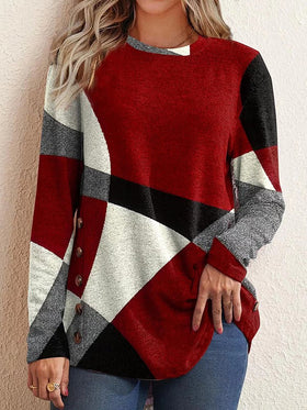 Women's T-Shirts Contrast Print Long Sleeve Round Neck T-Shirt