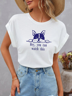 Women's T-Shirts Cute Dolman Short Sleeve Round Neck Dog Print T-Shirt