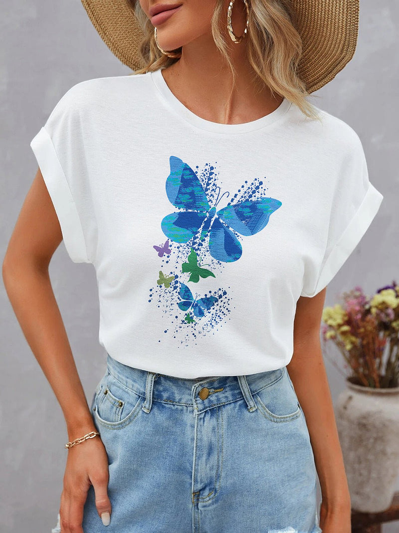 Women's T-Shirts Dolman Short Sleeve Round Neck Butterflies Print T-Shirt