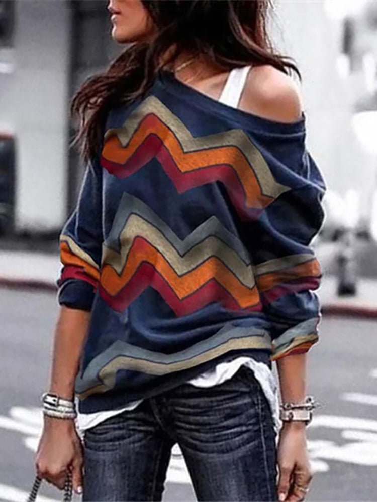 Women's  Blouses Geometric Print Off Shoulder Casual Long Sleeve  Blouse