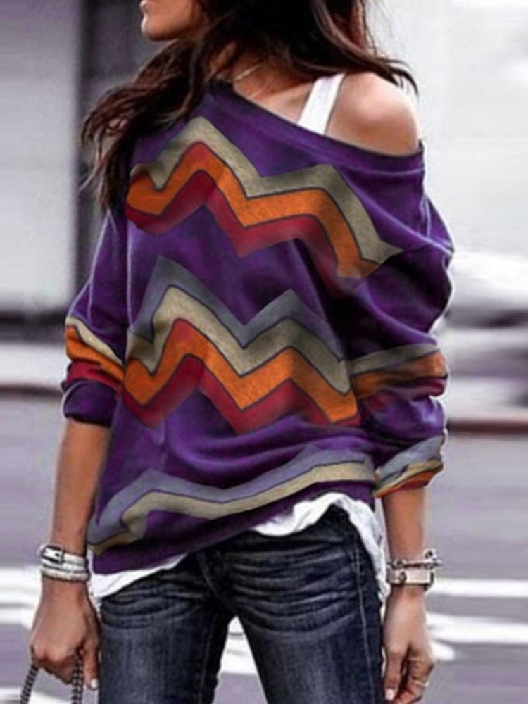 Women's  Blouses Geometric Print Off Shoulder Casual Long Sleeve  Blouse