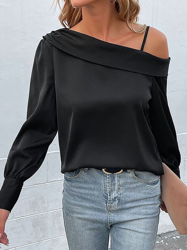 Women's T-Shirts Irregular Black Strap Long Sleeve T-Shirt