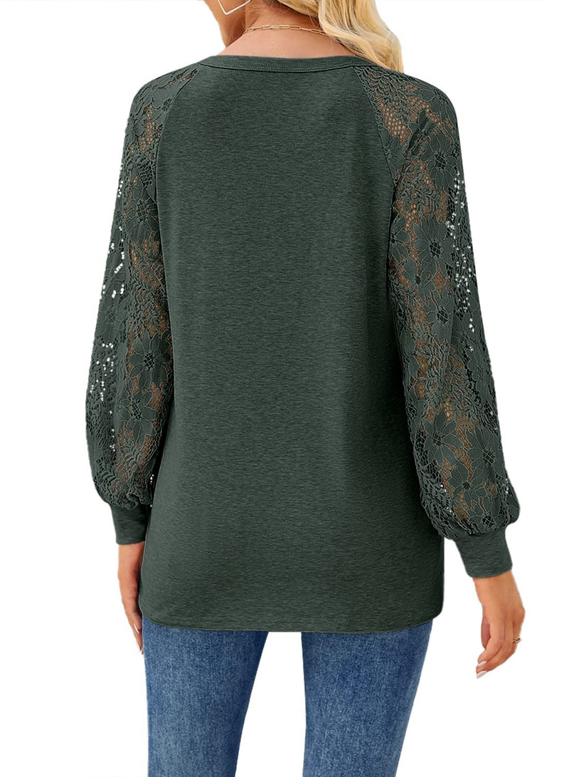 Women¡¯s T-Shirts Long Sleeve Lace V Neck Button Loose T-Shirt