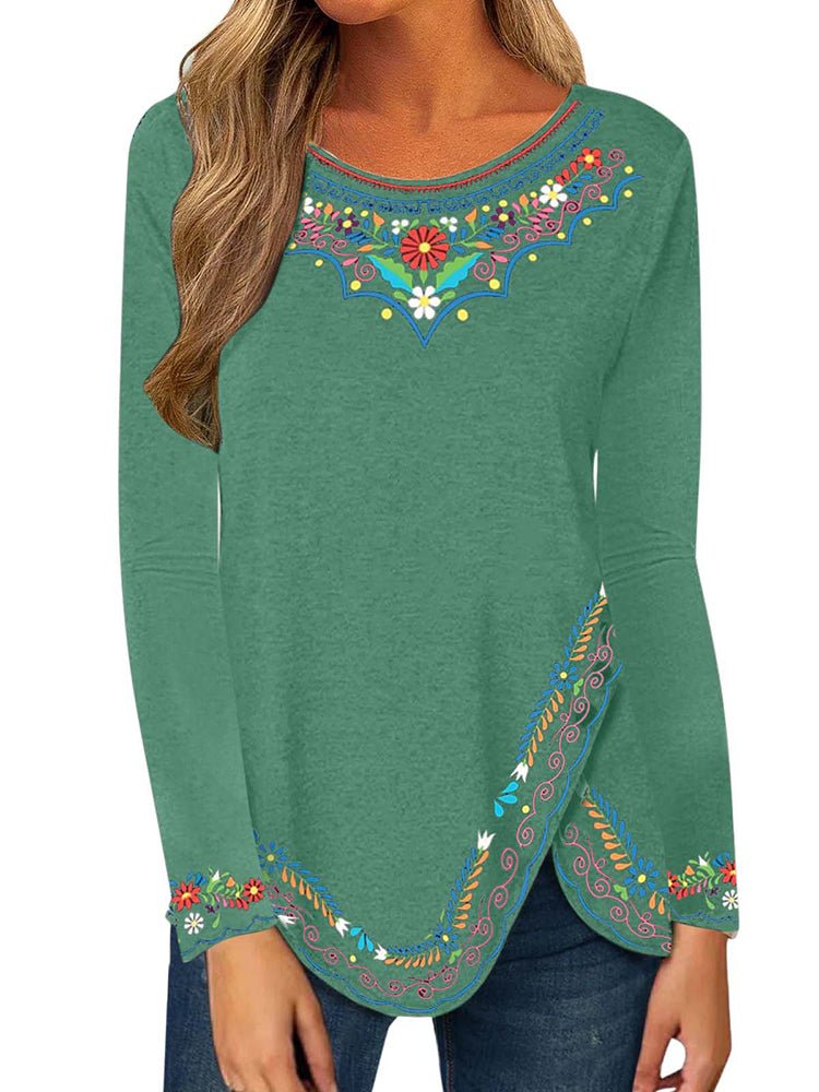 Women's T-Shirts Long Sleeve Retro Ethnic Print T-Shirt