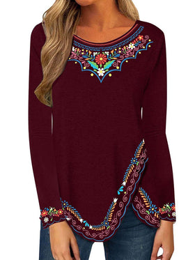 Women's T-Shirts Long Sleeve Retro Ethnic Print T-Shirt