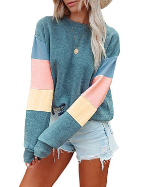 Women's T-shirts Long Sleeves Round Neck Contrasting Color T-shirt