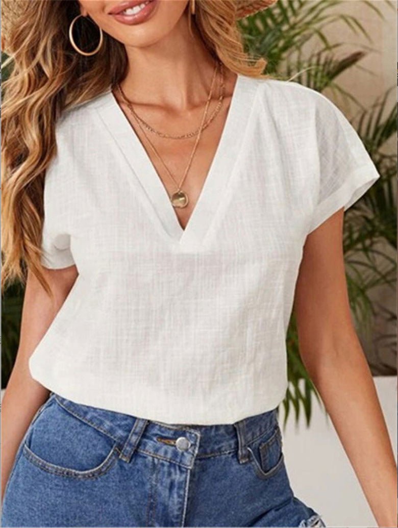 Women's T-Shirts Loose Solid V-Neck Short Sleeve T-Shirt