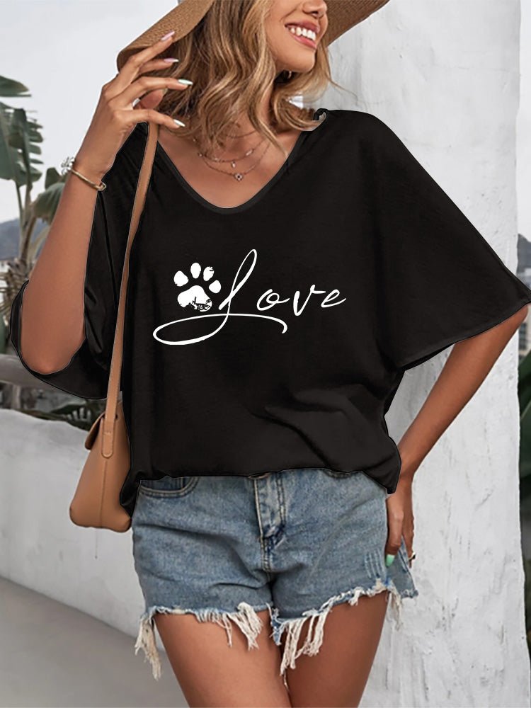 Women's T-Shirts Mid Sleeve V Neck Animal Paw Print T-Shirt