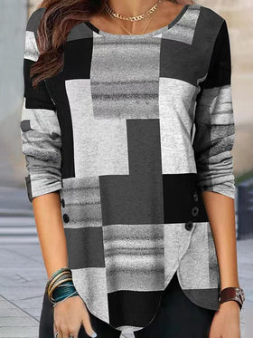 Women's T-Shirts Plaid Loose Round Neck Long Sleeve T-Shirt