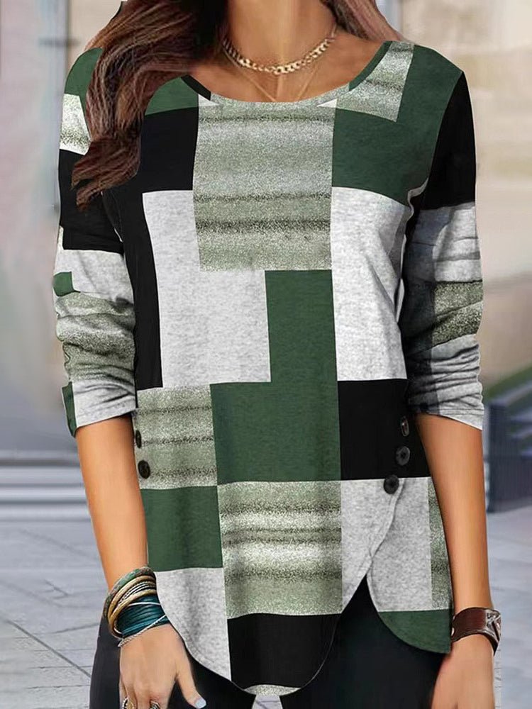 Women's T-Shirts Plaid Loose Round Neck Long Sleeve T-Shirt