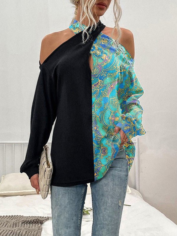 Women's T-Shirts Printed Color Matching Off Shoulder Long Sleeve T-Shirt