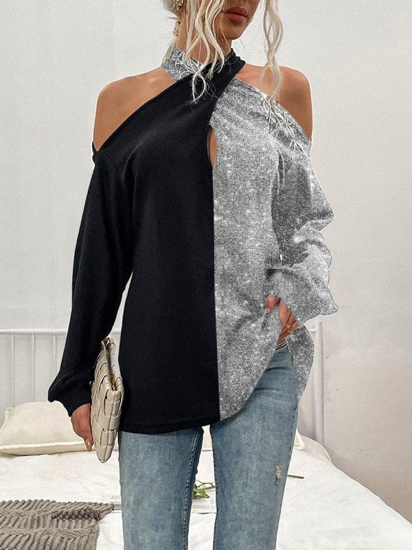 Women's T-Shirts Printed Color Matching Off Shoulder Long Sleeve T-Shirt