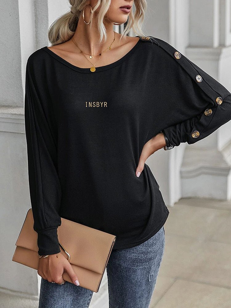 Women's T-Shirts Rounded Neck Button Long Sleeve T-Shirt