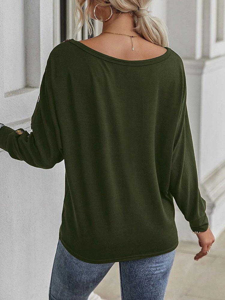 Women's T-Shirts Rounded Neck Button Long Sleeve T-Shirt