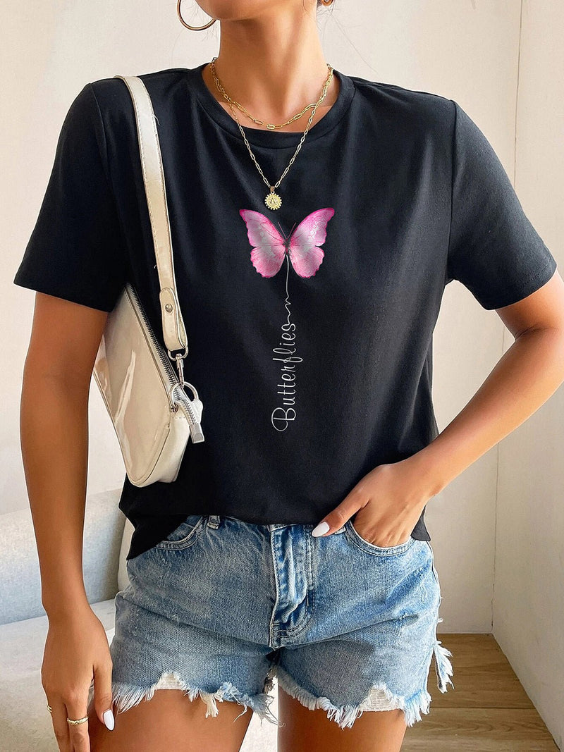 Women's T-Shirts Short Sleeve Round Neck Butterfly Print T-Shirt