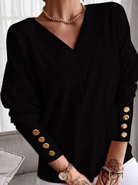 Women's T-Shirts Solid Color Buttoned Cuff V Neck Long Sleeve T-Shirt