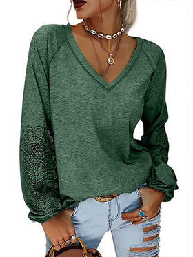 T-shirts Pull Couleur Unie Col V Manches Lanternes