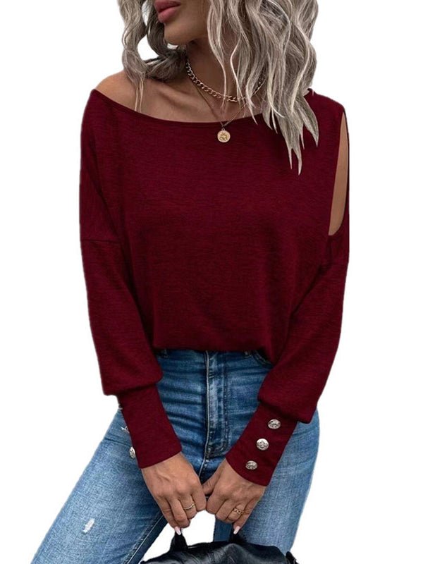 Women's T-Shirts Solid Off Shoulder Long Sleeves Buttoned Cuff T-Shirt