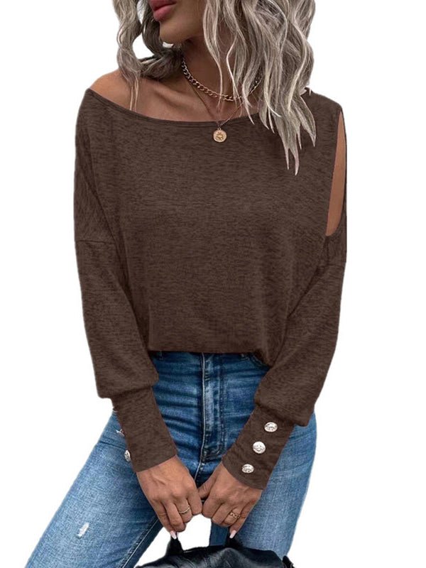 Women's T-Shirts Solid Off Shoulder Long Sleeves Buttoned Cuff T-Shirt