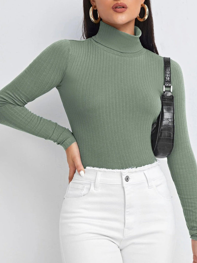 Women's T-Shirts Solid Turtleneck Long Sleeve T-Shirt