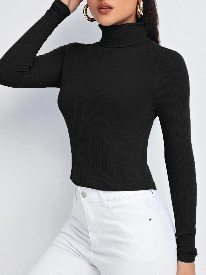 Women's T-Shirts Solid Turtleneck Long Sleeve T-Shirt