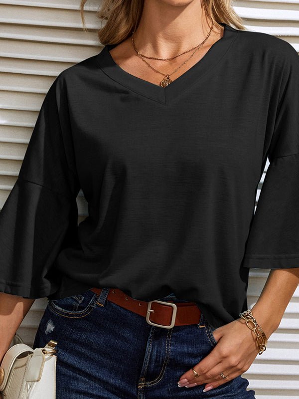 Women's T-Shirts Solid V Neck Bell Sleeve Loose Casual T-Shirt