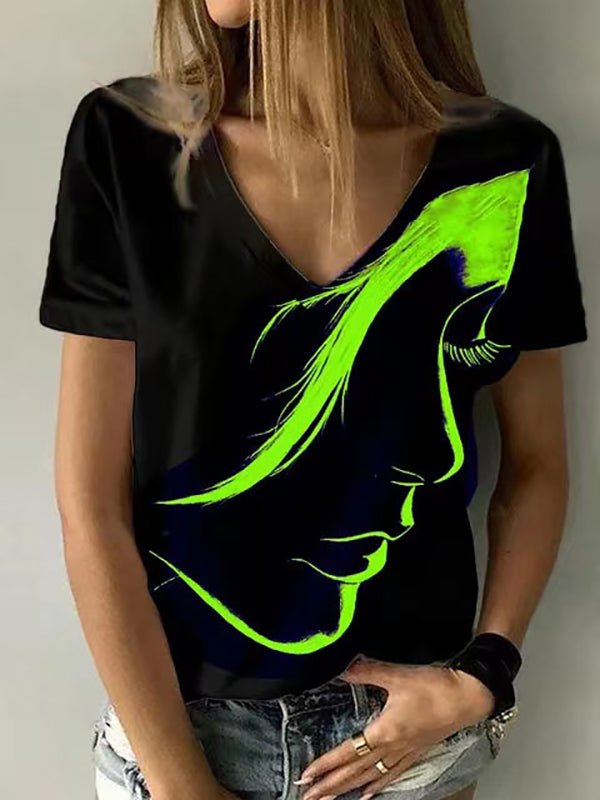 Women's T-Shirts V-Neck Head Print Pullover Short Sleeve T-Shirt