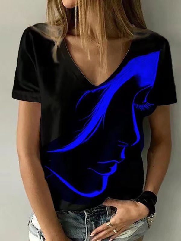 Women's T-Shirts V-Neck Head Print Pullover Short Sleeve T-Shirt