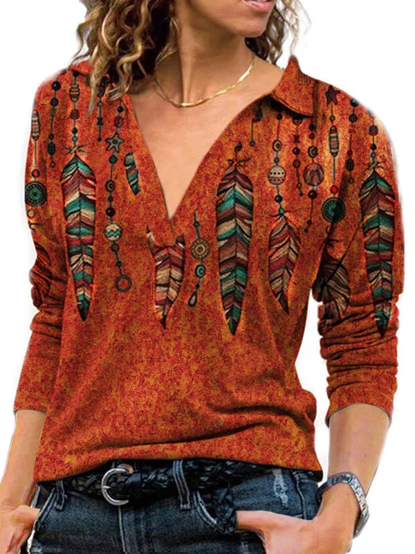 T-shirt Vintage Manches Longues Col V Rabattu