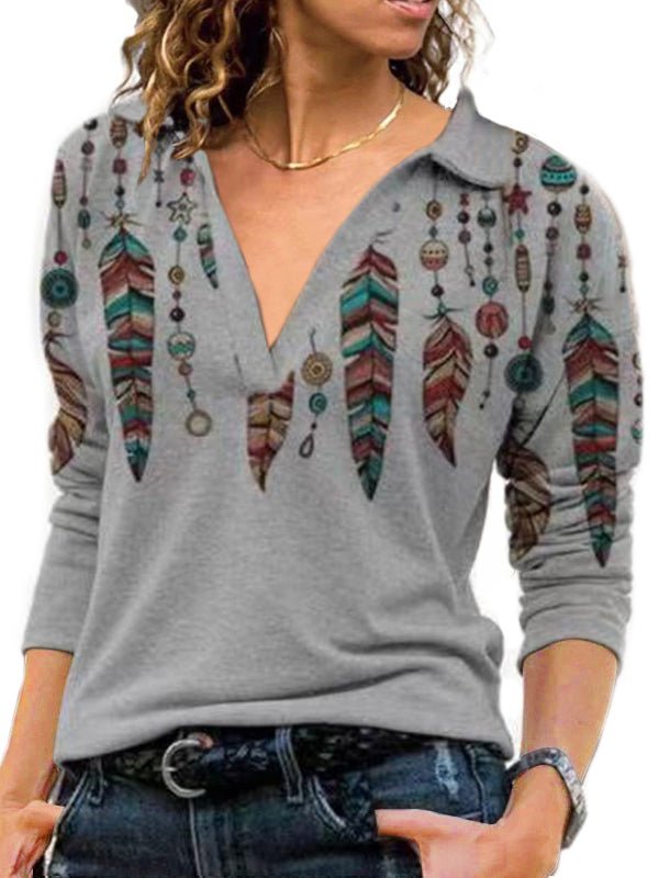 T-shirt Vintage Manches Longues Col V Rabattu
