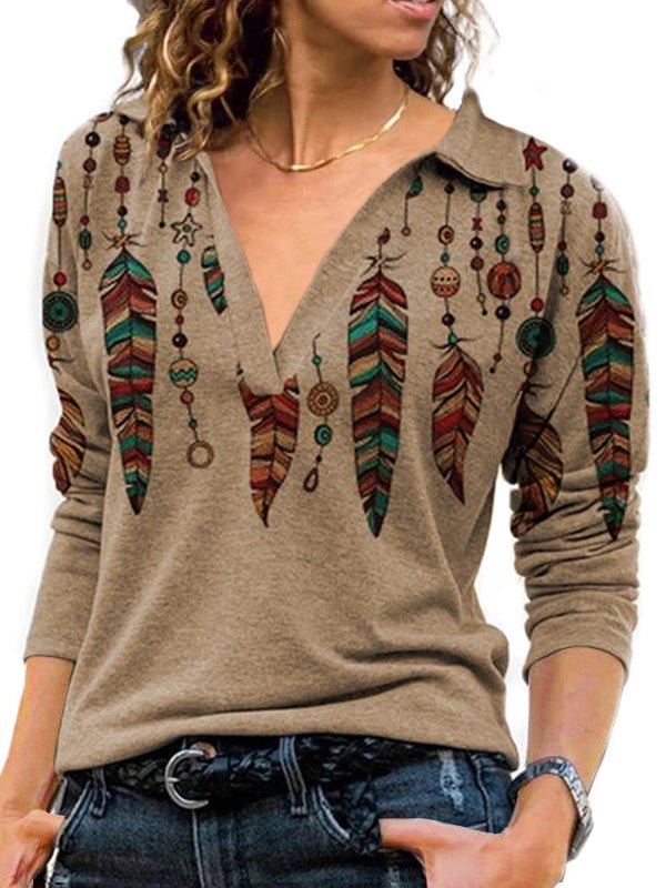T-shirt Vintage Manches Longues Col V Rabattu